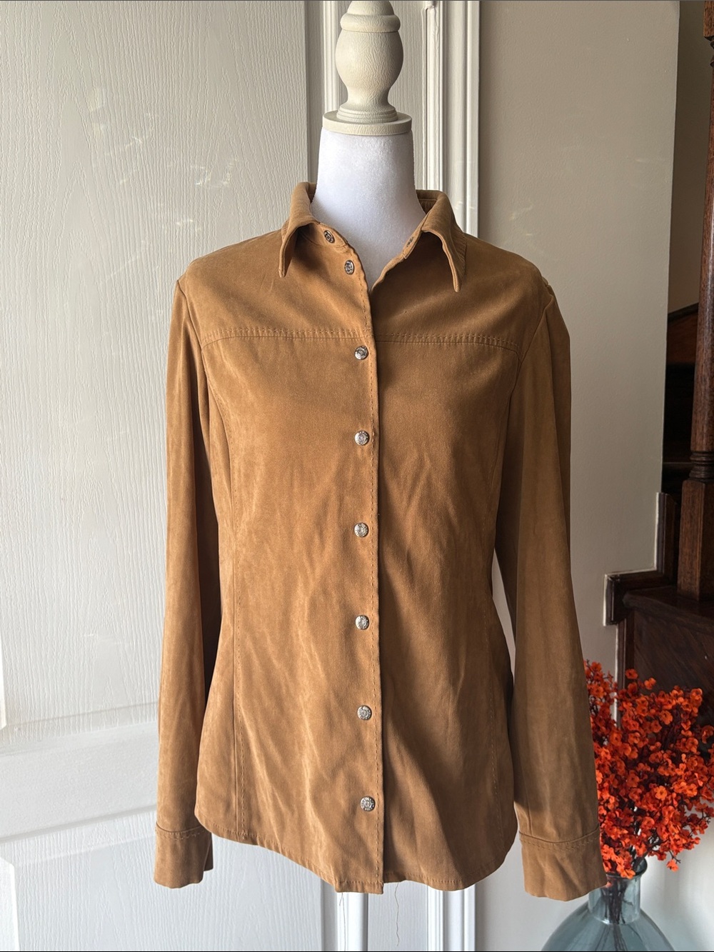 Women’s Long Sleeve Button-Down Suede Shirt Tan